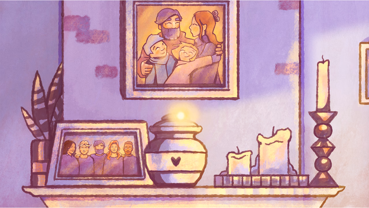 Getekende schoorsteenmantel met familiefoto's, een urn met een gloeiend lichtje en kaarsen, in warme paarse tinten